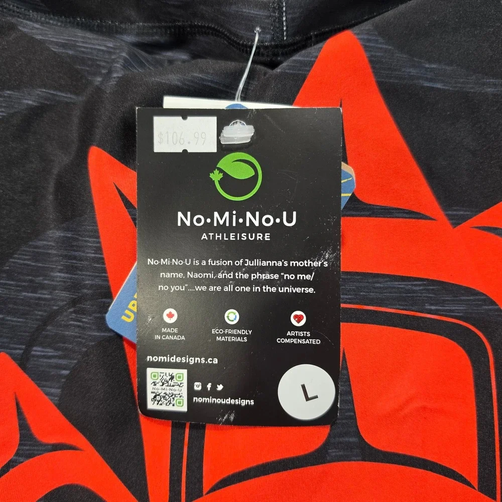 NoMiNoU‎ Indigenous Art Leggings L Large Black Red Recycled Yoga UPF 50 NWT